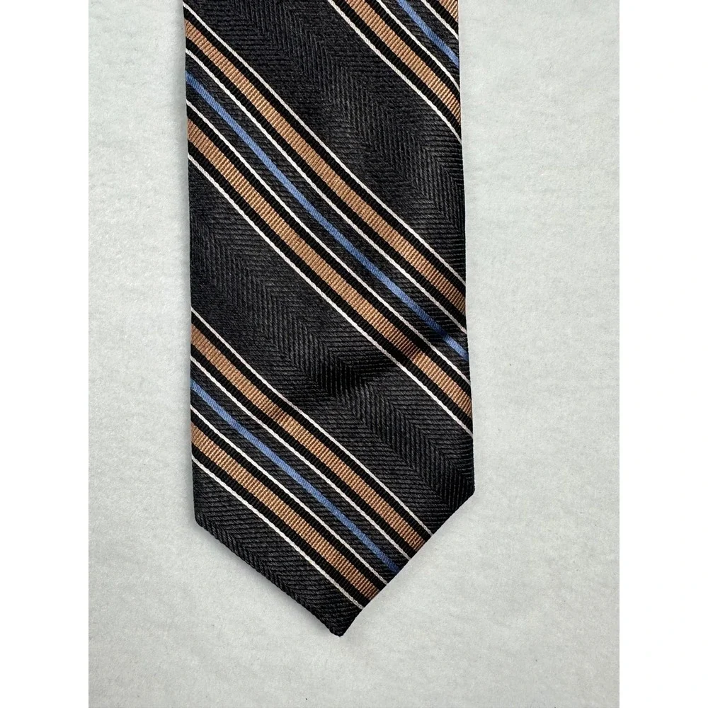 J S A BANK Mens Striped Necktie Black Gold‎ Blue White Business Formal Accent